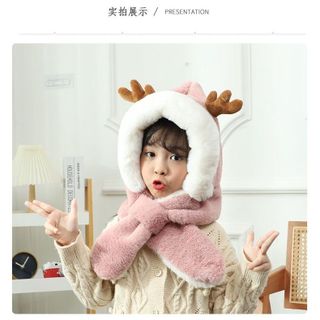 Mũ trẻ em mùa đông lót lông sừng hươu cute nón kèm khăn siêu ấm tai gấu thỏ cho bé