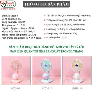 Quạt tích điện Quạt tích điện để bàn kiêm đèn ngủ 7 màu hình mặt trăng, sạc điện USB sử dụng 3-4 tiếng