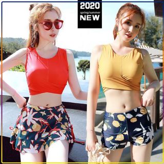 Bộ đồ bơi bikini hai mảnh 3 chi tiết đi tắm biển nữ mùa hè - màu vàng, màu đỏ freesize tới 55kg giá sỉ