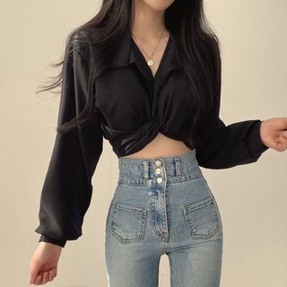 Áo sơ mi ngắn thắt eo phong cách Hàn Quốc gợi cảm cho phụ nữ mùa hè