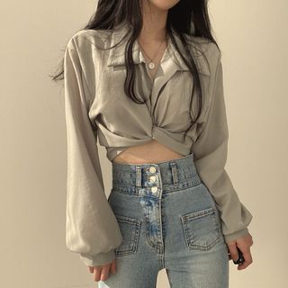 Áo sơ mi ngắn thắt eo phong cách Hàn Quốc gợi cảm cho phụ nữ mùa hè