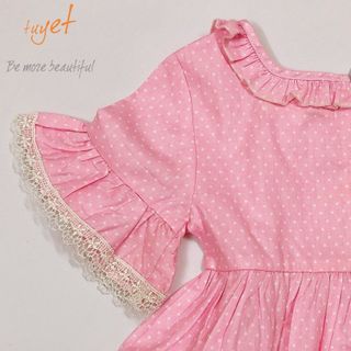 Đầm bé gái chấm bi hồng cổ chữ U phối ren tay lỡ TL57 váy đầm trẻ em cotton thoáng mát, mềm mịn thoải mái khi mặc