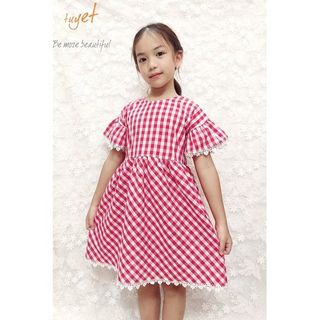 Đầm bé gái caro đỏ chờm vai tay xòe phối ren viền hoa cúc trắng TL56 váy đầm trẻ em cotton thoáng mát