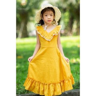 Đầm bé gái maxi đi biển vàng mù tạc cổ tim 2 phối caro TL54 váy đầm trẻ em cotton thoáng mát, mềm mịn thoải mái khi mặc