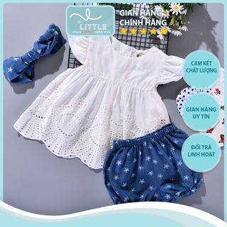 Set quần áo bé gái áo boi thêu đục lỗ tay cánh tiên 2 tầng, quần đùi deinim hoa cúc TL36