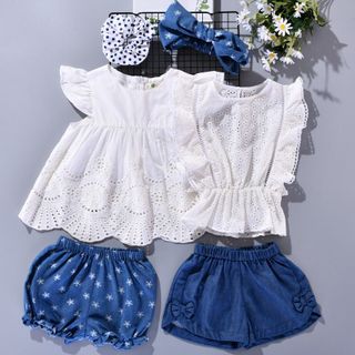 Set quần áo bé gái áo boi thêu đục lỗ tay cánh tiên 2 tầng, quần đùi deinim hoa cúc TL36