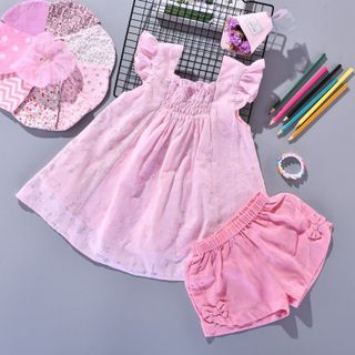 Set quần áo bé gái áo boi hồng 2 smock nhún ngực quần đùi linen hồng dễ thương TL38