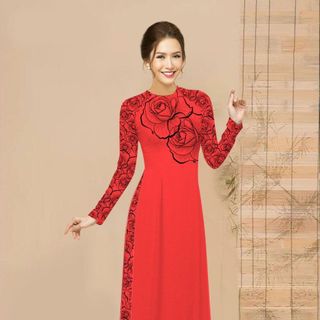 ÁO DÀI LỤA THIẾT KẾ IN HOA HỒNG- ĐỦ SIZE
