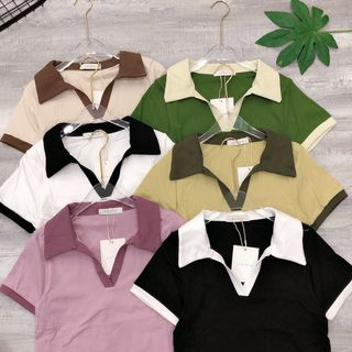Áo thun ôm cổ bẻ V phối màu Qc