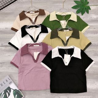 Áo thun ôm cổ bẻ V phối màu Qc