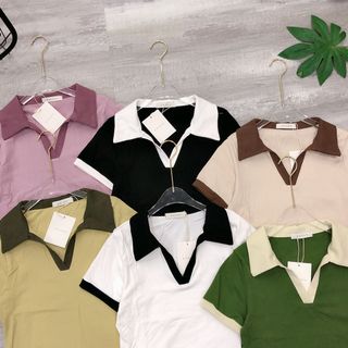 Áo thun ôm cổ bẻ V phối màu Qc