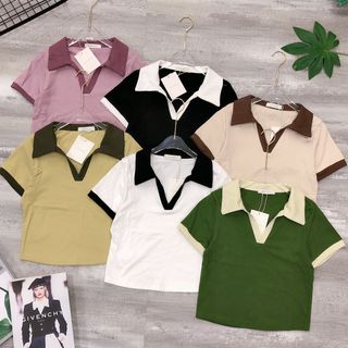 Áo thun ôm cổ bẻ V phối màu Qc