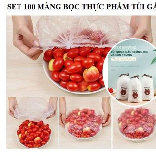 Màng Bọc Thực Phẩm - Set 100 Túi Màng Bọc Thực Phẩm túi gấu PE Có Chun Co Giãn Tái Sử Dụng Nhiều Lần