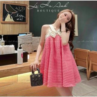 Đầm Babydoll phối nơ dây chéo form 45k-58kg mặc chất vải Xốp tơ hạt nổi bên trong có lót lưới