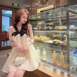 Đầm Babydoll phối nơ dây chéo form 45k-58kg mặc chất vải Xốp tơ hạt nổi bên trong có lót lưới