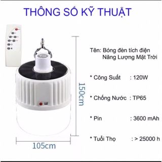 Bóng đèn tích điện năng lượng mặt trời 120w có điều khiển từ xa kèm dây sạc bóng đèn chống nước