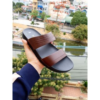 Dép Nam da 2 quai ngang thời trang cao cấp màu nâu chất da bò thật 100%