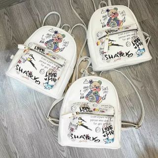 Ba Lô Da pu Mini Hình Gấu Graffiti Phong Cách Hàn Quốc Dành Cho Nữ
