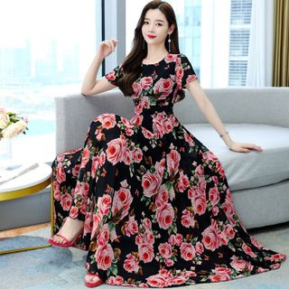 ĐẦM XÒE HOA HỒNG CỔ TRÒN - DT1632