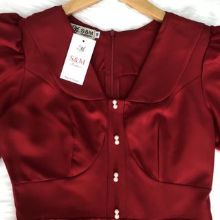 Đầm xòe cổ lá sen tay phồng đính nẹp đính nút - GR0217 (hình thật chụp)