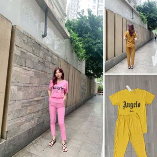 Sét bộ nữ ,đồ bộ dài nữ thun coton thái,,áo in chử ANGEL ,thời trang xuân hè BD02