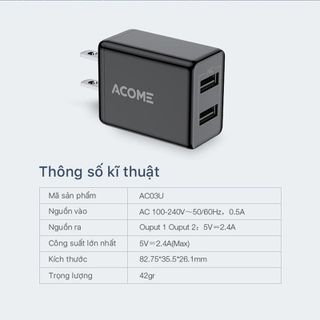 Cốc Sạc Nhanh Acome AC03U 2 Cổng USB Tương Thích Iphone iPad Samsung Oppo Xiaomi Bảo Hành 12 Tháng BenZ Store