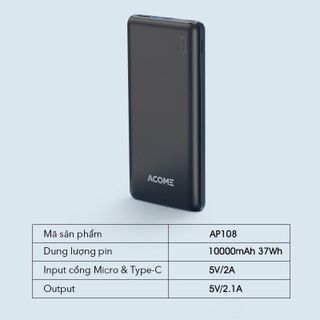 Pin Sạc Dự Phòng 10.000mAh ACOME AP108 10000mAh Tương Thích Với Thiết Bị - BẢO HÀNH 1 ĐỔI 1 CHÍNH HÃNG BenZ Store