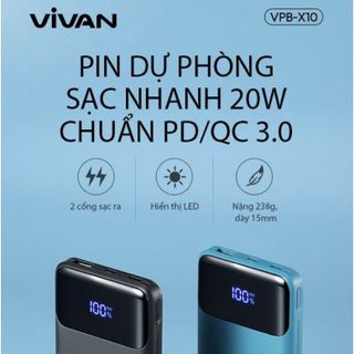 Pin Sạc Dự Phòng Sạc Nhanh PD/QC 3.0 Chính Hãng 10000mAh VIVAN VPB-X10 20W - 2Output Type C & USB BenZ Store
