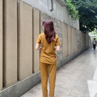 Sét bộ nữ ,đồ bộ dài nữ thun coton thái,,áo in chử ANGEL ,thời trang xuân hè BD02-CÀ PHÊ