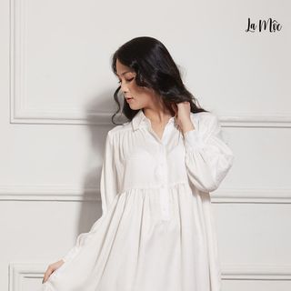 Đầm babydoll thiết kế cao cấp, màu kem vải lụa Crep hàn quốc, tay dài, giấu bụng