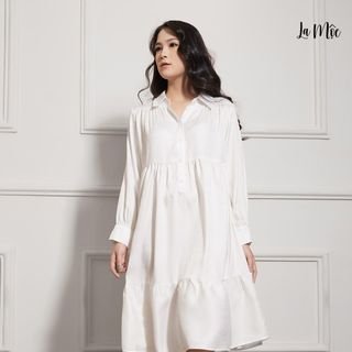 Đầm babydoll thiết kế cao cấp, màu kem vải lụa Crep hàn quốc, tay dài, giấu bụng