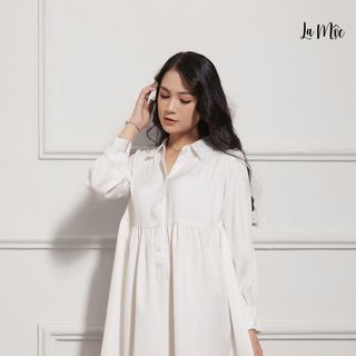 Đầm babydoll thiết kế cao cấp, màu kem vải lụa Crep hàn quốc, tay dài, giấu bụng