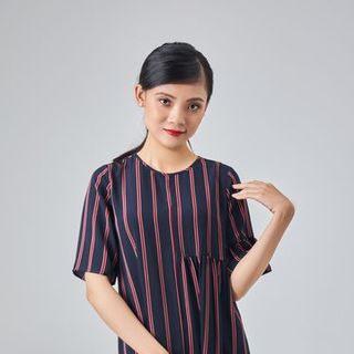 Đầm suông, đầm thiết kế LA MỘC cổ tròn sọc đỏ, chân váy nhún bèo