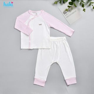 Bộ quần áo sơ sinh cài chéo, tay raglan phối màu vải sợi tre siêu mềm mịn cao cấp HAKI BB036
