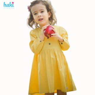 Váy bé gái dài tay Haki vải Linen cao cấp HK493 (Vàng)