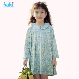 Váy bé gái dài tay cổ sen xếp li HK487-HAKI (In hoa)