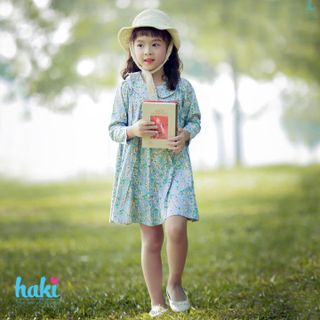 Váy bé gái dài tay cổ sen xếp li HK487-HAKI (In hoa) giá sỉ