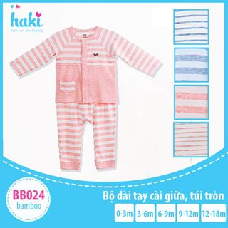 Bộ quần áo dài tay cài giữa, túi tròn cho bé vải sợi tre cao cấp Haki BB024