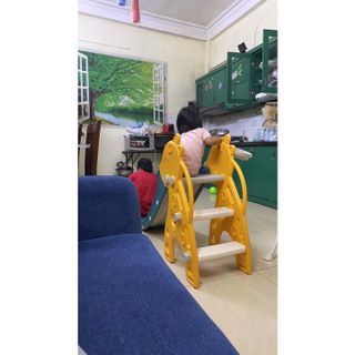 Cầu trượt cho bé mẫu Nai vàng kèm khung bóng rổ , hàng loại 1