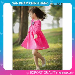 Đầm bé gái_Váy nhung tay bồng - hồng - Haki- HK496