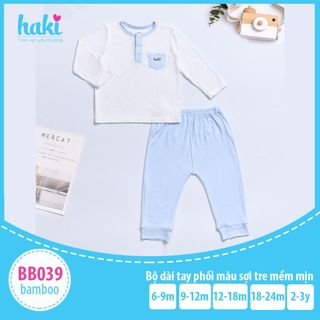 Bộ quần áo cổ trụ phối màu cho bé Haki, set dài tay vải Bamboo cao cấp BB039