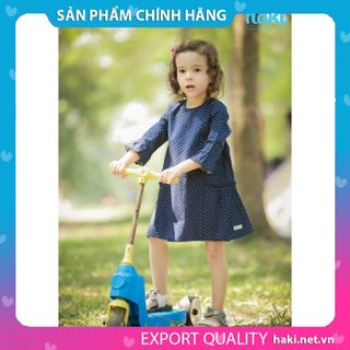 Váy bé gái thô nhún sườn hai tầng HK494 - Xanh navy in họa tiết-HAKI