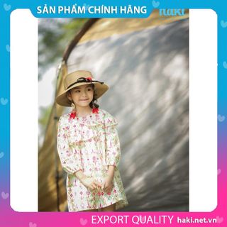 Váy bé gái dài tay thô cào bông bèo lệch hai tầng HK495 Haki (Hoa dây xanh)