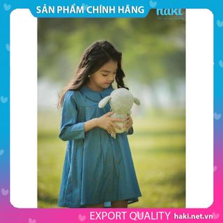 Váy bé gái dài tay cổ sen xếp li - HK487.2, đầm thiết kế cho bé 10-27kg Haki