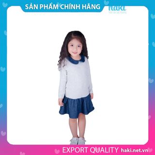 Váy bé gái đuôi cá cổ sen phối màu (ghi + xanh bò) HAKI-HK047