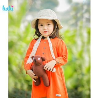 Váy bé gái dài tay Haki vải Linen cao cấp HK493 (Cam)