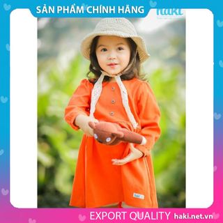 Váy bé gái dài tay Haki vải Linen cao cấp HK493 (Cam)