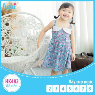Váy bé gái cúp ngực Haki- Hoa xanh đỏ-HK482