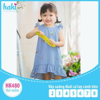Váy bé gái suông đuôi cá tay cánh tiên HAKI- HK480 (Kẻ xanh thêu hoa)