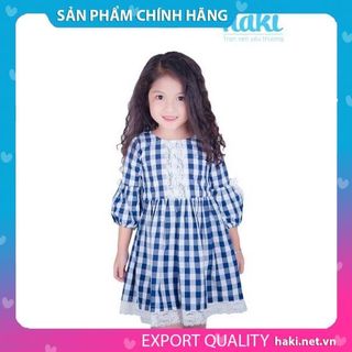 Váy bé gái thô kẻ xanh phối ren tay phồng - Xanh -Haki